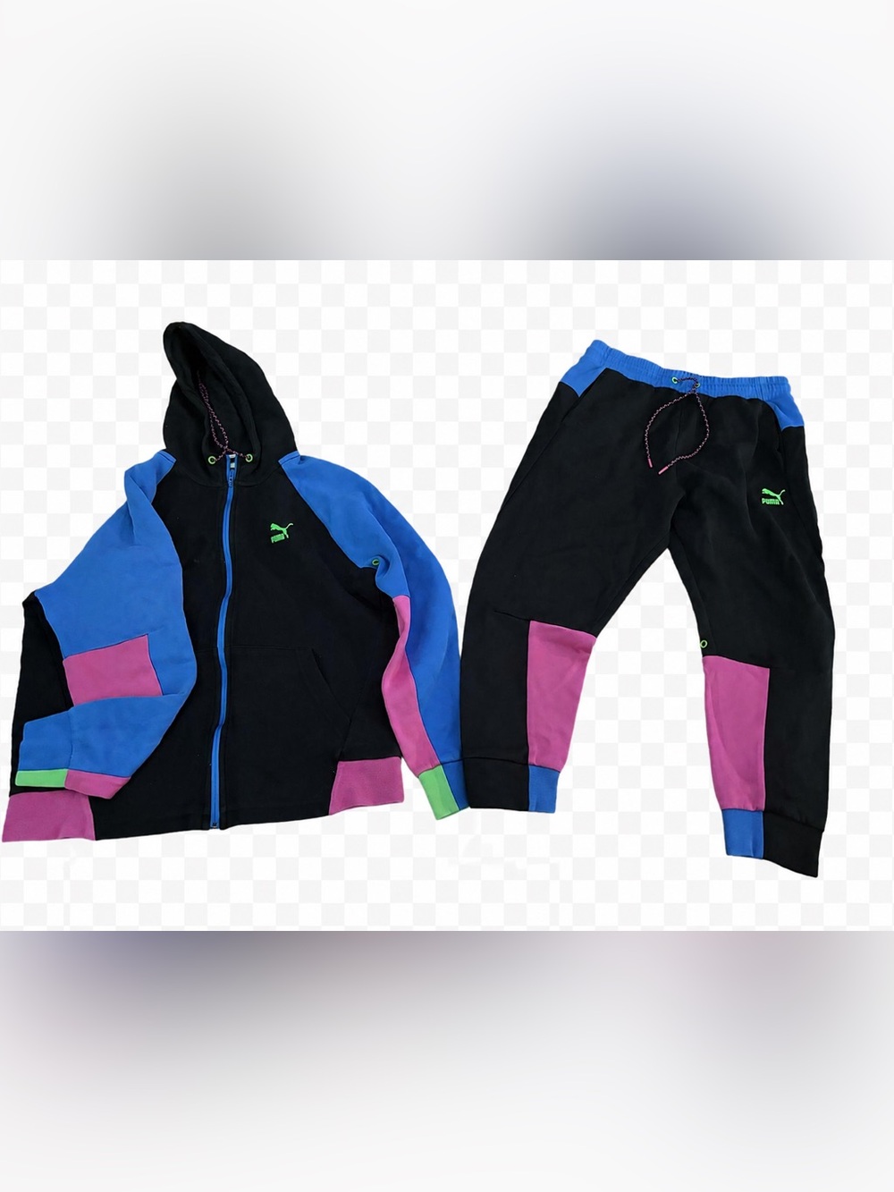 Men’s Puma Black Hoodie & Joggers Set with Blue, Pink and Green Accents
